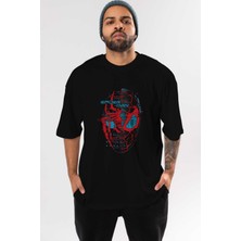 ankhisesSpiderman (14) Ön Baskılı Siyah Oversize T-Shirt Bisiklet Yaka Erkek Kadın