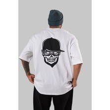ankhises Skull Mask Arka Baskılı Beyaz Oversize T-Shirt  Erkek Kadın Bisiklet Yaka