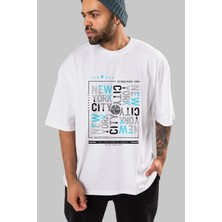 ankhises New York Style Ön Baskılı Beyaz Oversize T-Shirt  Erkek Kadın Bisiklet Yaka