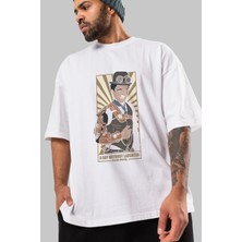 ankhises Steampunk Chaplin Ön Baskılı Beyaz Oversize T-Shirt  Erkek Kadın Bisiklet Yaka