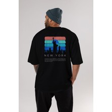 ankhises New York Yazılı Arka Baskılı Siyah Oversize T-Shirt Erkek Kadın Bisiklet Yaka