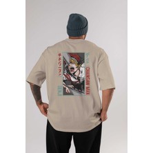 Ankhises Denji Chainsaw Man Anime Arka Baskılı Bej Oversize T-Shirt %100 Pamuk Erkek Kadın