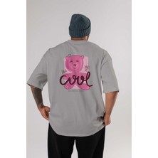 Ankhises Cool Style Bear Arka Baskılı Gri Oversize T-Shirt Unisex Erkek Kadın Bisiklet Yaka