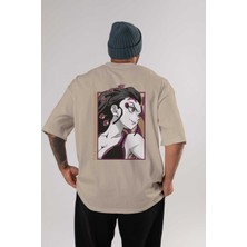 Ankhises Daki Demıon Slayer Anime Arka Baskılı Bej Oversize T-Shirt %100 Pamuk Erkek Kadın