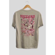 Ankhises Nezuko Kamado Anime Arka Baskılı Bej Oversize T-Shirt %100 Pamuk Erkek Kadın