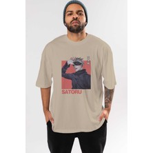 Ankhises Satoru Gojo 2 Anime Ön Baskılı Bej Oversize T-Shirt Erkek Kadın