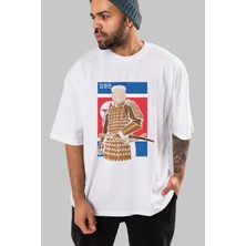 ankhises Samurai Jong Un Ön Baskılı Beyaz Oversize T-Shirt  Erkek Kadın Bisiklet Yaka
