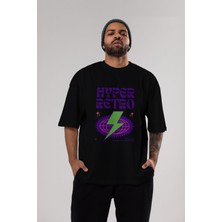 ankhises Hyper Retro Yazılı Ön Baskılı Siyah Oversize T-Shirt  Erkek Kadın Bisiklet Yaka