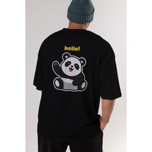 ankhises Hello Panda Arka Baskılı Siyah Oversize T-Shirt Erkek Kadın Bisiklet Yaka