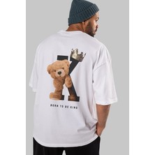ankhises Teddy Bear Born To Be King Arka Baskılı Beyaz Erkek Kadın Bisiklet Yaka Oversize T-Shirt
