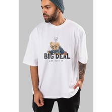 ankhises Teddy Bear Big Deal Ön Baskılı Beyaz Oversize T-Shirt Erkek Kadın Bisiklet Yaka