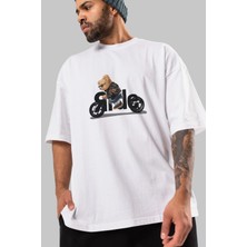 ankhises Teddy Bear Ride Ön Baskılı Beyaz Oversize T-Shirt Erkek Kadın Bisiklet Yaka