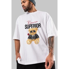 ankhises Teddy Bear Romance Superior Ön Baskılı Beyaz Oversize T-Shirt Erkek Kadın Bisiklet Yaka