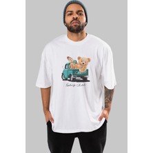 ankhises Teddy Bear Chill Out Ön Baskılı Beyaz Oversize T-Shirt Erkek Kadın Bisiklet Yaka