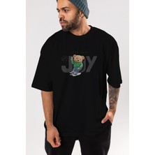 ankhises Teddy Bear Joy Ön Baskılı Siyah Oversize T-Shirt Erkek Kadın Bisiklet Yaka