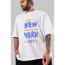 ankhises New York City 3 Ön Baskılı Beyaz Oversize T-Shirt Erkek Kadın Bisiklet Yaka