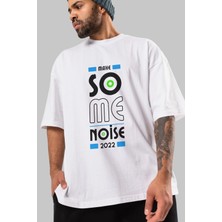 ankhises Make Some Noise Ön Baskılı Beyaz Oversize T-Shirt Erkek Kadın Bisiklet Yaka