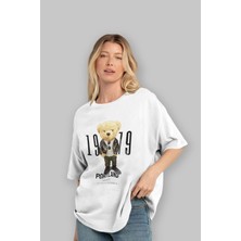 ankhises Teddy Bear Portland Ön Baskılı Beyaz Oversize T-Shirt Erkek Kadın Bisiklet Yaka