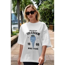 ankhises Tyson Ice Cream Ön Baskılı Beyaz Oversize T-Shirt  Erkek Kadın Bisiklet Yaka