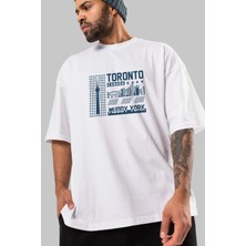ankhises Toronto Ön Baskılı Beyaz Oversize T-Shirt  Erkek Kadın Bisiklet Yaka