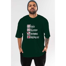 Ankhises Eat, Sleep, Anime, Repeat Anime Ön Baskılı Zümrüt Yeşili Oversize T-Shirt Erkek Kadın