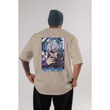 Ankhises Satoru Gojo 3 Anime Arka Baskılı Bej Oversize T-Shirt %100 Pamuk Erkek Kadın