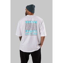 ankhisesBrooklyn New York City Arka Baskılı Beyaz Oversize T-Shirt  Erkek Kadın Bisiklet Yaka