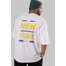 ankhises New York City 2 Arka Baskılı Beyaz Oversize T-Shirt Erkek Kadın Bisiklet Yaka