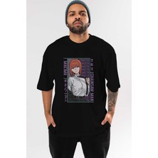 ankhises Makima Chain Saw Man Anime Ön Baskılı Siyah Oversize T-Shirt Erkek Kadın