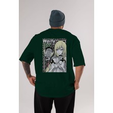 Ankhises Waifu Pushup Anime Arka Baskılı Zümrüt Yeşili Oversize T-Shirt Pamuk Erkek Kadın