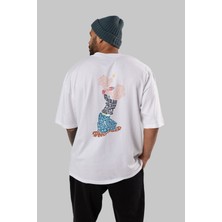 ankhises Sailorman Arka Baskılı Beyaz Oversize T-Shirt  Erkek Kadın Bisiklet Yaka