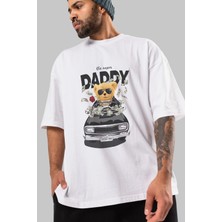 ankhises Teddy Bear Daddy Ön Baskılı Beyaz Oversize T-Shirt Erkek Kadın Bisiklet Yaka