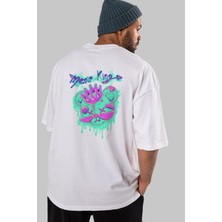 ankhises Bear King Arka Baskılı Beyaz Oversize T-Shirt  Erkek Kadın Bisiklet Yaka