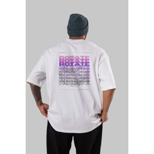 ankhises Rotate Yazılı Arka Baskılı Beyaz Oversize T-Shirt Erkek Kadın Bisiklet Yaka