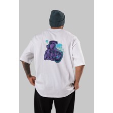 ankhises Astronaut And Jellyfish Arka Baskılı Beyaz Oversize T-Shirt  Erkek Kadın Bisiklet Yaka