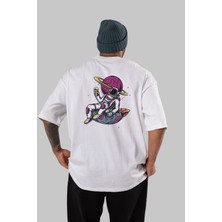ankhises Astronaut Beer Arka Baskılı Beyaz Oversize T-Shirt Erkek Kadın Bisiklet Yaka
