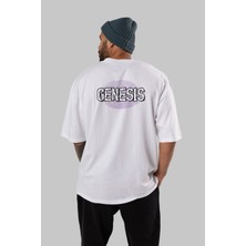 ankhises Genesis Arka Baskılı Beyaz Oversize T-Shirt  Erkek Kadın Bisiklet Yaka