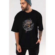 ankhises Vega Ön Baskılı Siyah Oversize T-Shirt  Erkek Kadın Bisiklet Yaka
