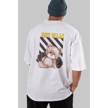 ankhises Just Relax Teddy Bear Arka Baskılı Beyaz Oversize T-Shirt Erkek Kadın Bisiklet Yaka