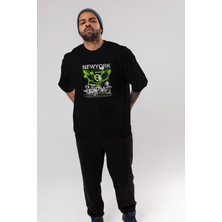 ankhises New York Street Style Ön Baskılı Siyah Oversize T-Shirt  Erkek Kadın Bisiklet Yaka