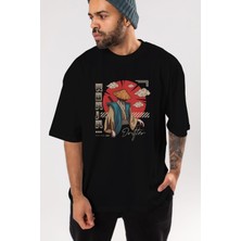 ankhises Ronin Ön Baskılı Siyah Oversize T-Shirt  Erkek Kadın Bisiklet Yaka