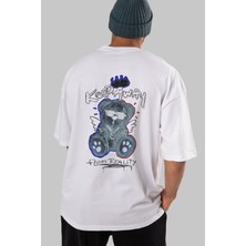 ankhises Keep Away Bear Arka Baskılı Beyaz Oversize T-Shirt  Erkek Kadın Bisiklet Yaka