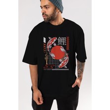 ankhises Japanese Streetwear Ön Baskılı Siyah Oversize T-Shirt  Erkek Kadın Bisiklet Yaka