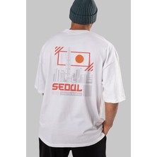 ankhises Seoul Arka Baskılı Beyaz Oversize T-Shirt  Erkek Kadın Bisiklet Yaka