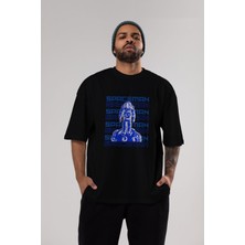 ankhisesSpaceman Yazılı Ön Baskılı Siyah Oversize T-Shirt  Erkek Kadın Bisiklet Yaka