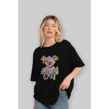 ankhises Teddy Bear Cute Ön Baskılı Siyah Oversize T-Shirt  Erkek Kadın Bisiklet Yaka