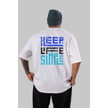 ankhises Keep Life Simple Yazılı Arka Baskılı Beyaz Oversize T-Shirt Erkek Kadın Bisiklet Yaka