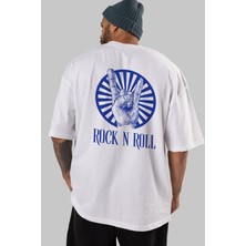 ankhises Rock N Roll Yazılı Arka Baskılı Beyaz Oversize T-Shirt Erkek Kadın Bisiklet Yaka