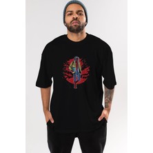 ankhises Spıderman Ön Baskılı Siyah Oversize T-Shirt  Erkek Kadın Bisiklet Yaka