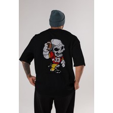 ankhises Skull Football Player Arka Baskılı Siyah Oversize T-Shirt  Erkek Kadın Bisiklet Yaka